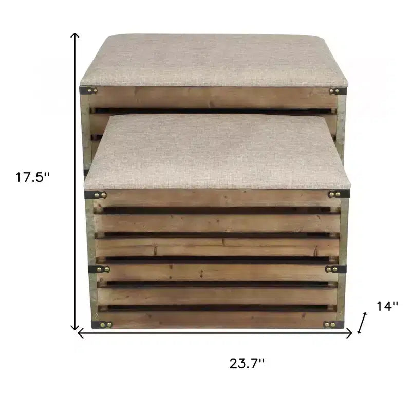 HomeRoots Set of Two Brown Wood Slat and Upholstery Storage Benches With Flip Top