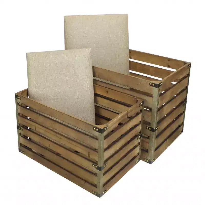 HomeRoots Set of Two Brown Wood Slat and Upholstery Storage Benches With Flip Top
