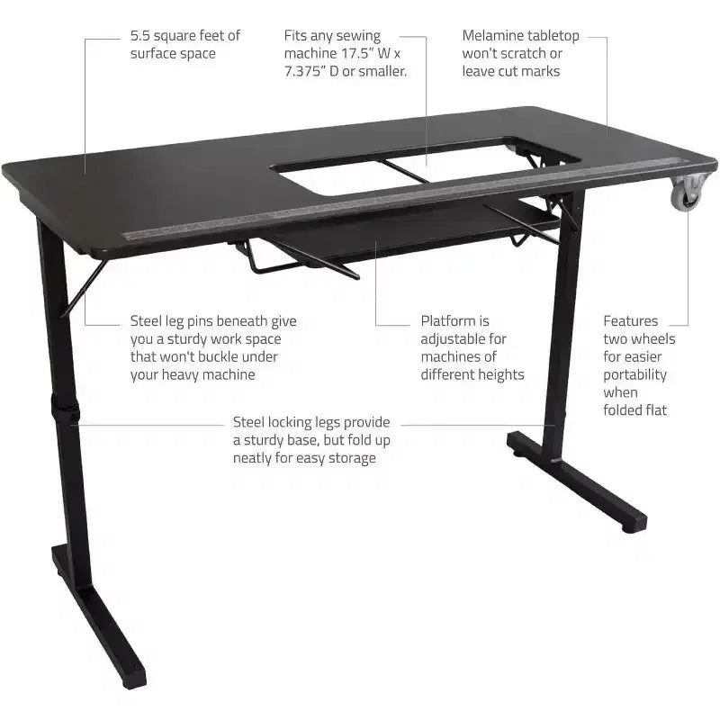 SewingRite SewStation 101 Portable Folding Sewing Table with Steel Legs, Black - Perfect for Home, Office and Business