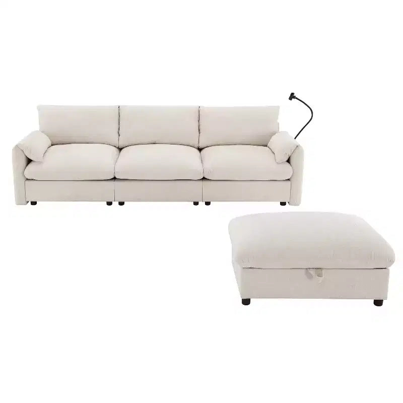 Whisen Oversized Chenille Sectional Sofa Couch with Storage Ottoman and Pockets, Adjustable Phone Holder and Charging Ports