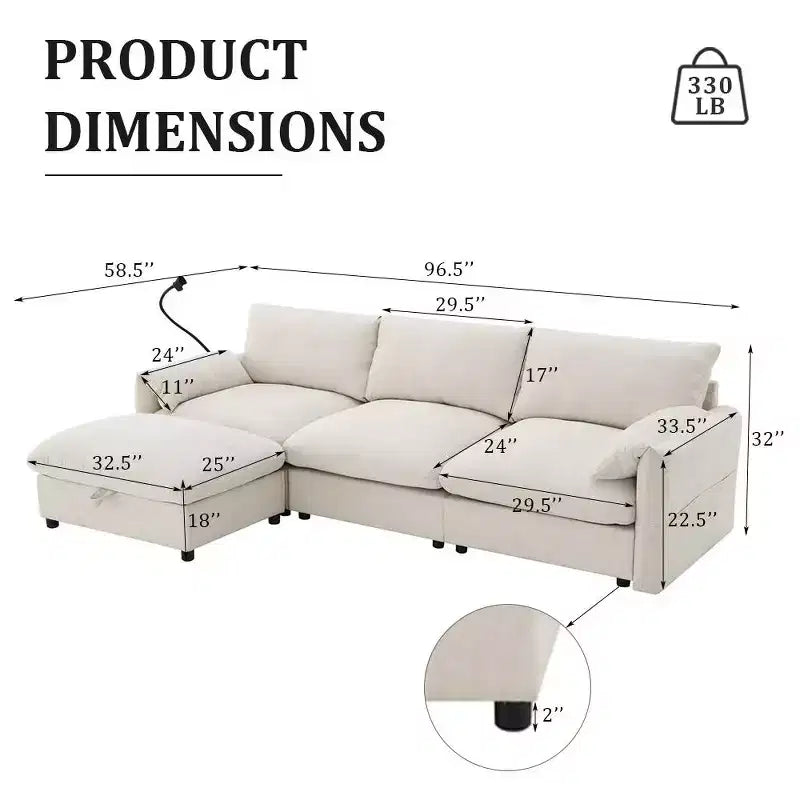 Whisen Oversized Chenille Sectional Sofa Couch with Storage Ottoman and Pockets, Adjustable Phone Holder and Charging Ports