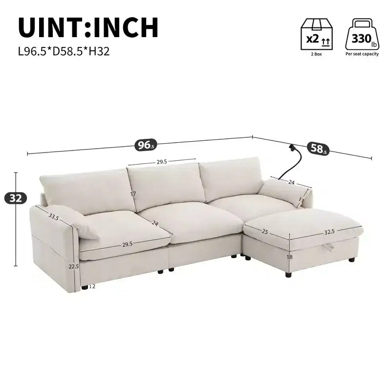Whisen Oversized Chenille Sectional Sofa Couch with Storage Ottoman and Pockets, Adjustable Phone Holder and Charging Ports