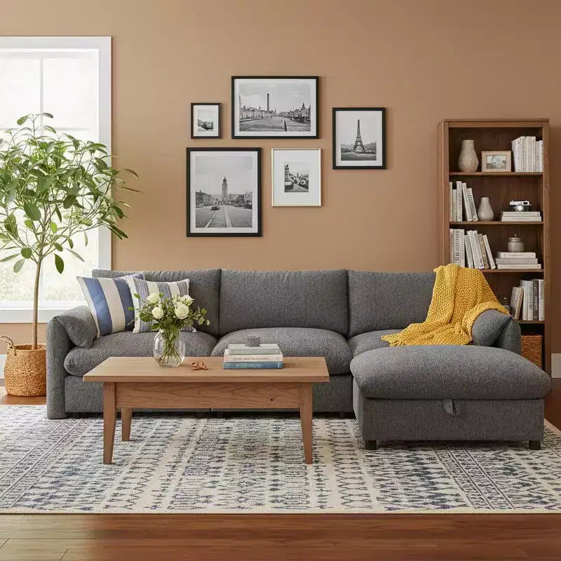 Whisen Oversized Chenille Sectional Sofa Couch with Storage Ottoman and Pockets, Adjustable Phone Holder and Charging Ports