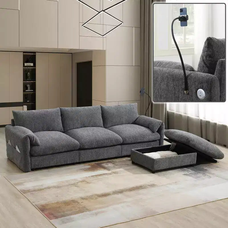 Whisen Oversized Chenille Sectional Sofa Couch with Storage Ottoman and Pockets, Adjustable Phone Holder and Charging Ports