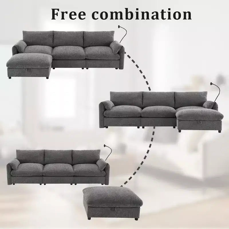 Whisen Oversized Chenille Sectional Sofa Couch with Storage Ottoman and Pockets, Adjustable Phone Holder and Charging Ports