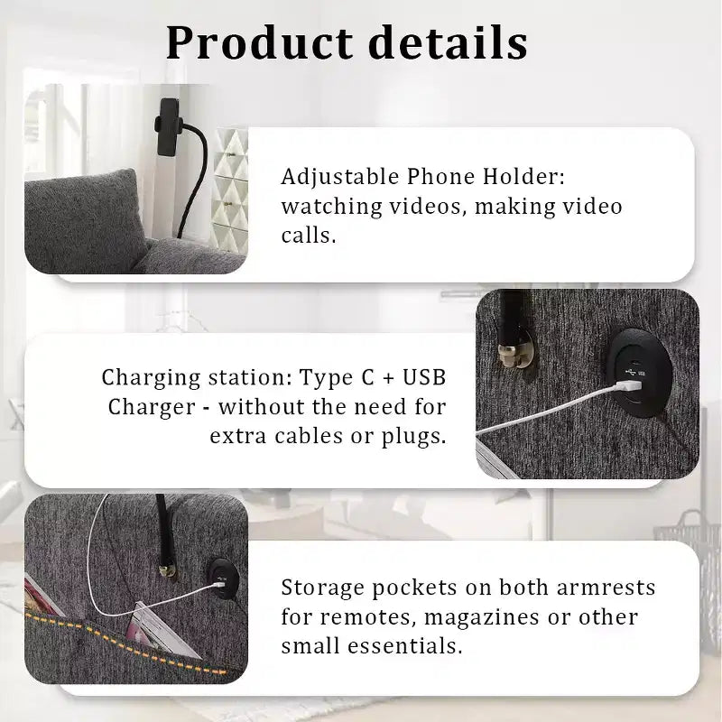Whisen Oversized Chenille Sectional Sofa Couch with Storage Ottoman and Pockets, Adjustable Phone Holder and Charging Ports