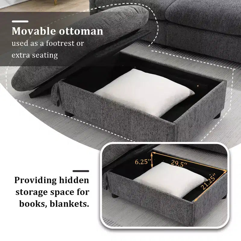 Whisen Oversized Chenille Sectional Sofa Couch with Storage Ottoman and Pockets, Adjustable Phone Holder and Charging Ports