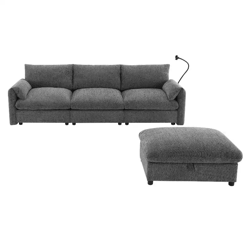Whisen Oversized Chenille Sectional Sofa Couch with Storage Ottoman and Pockets, Adjustable Phone Holder and Charging Ports