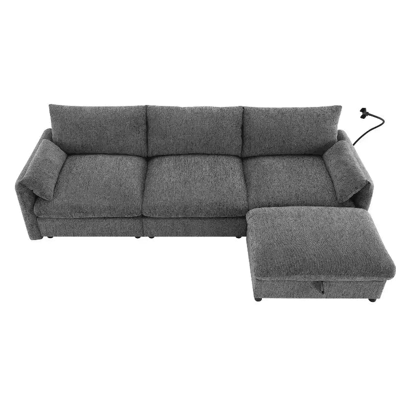 Whisen Oversized Chenille Sectional Sofa Couch with Storage Ottoman and Pockets, Adjustable Phone Holder and Charging Ports