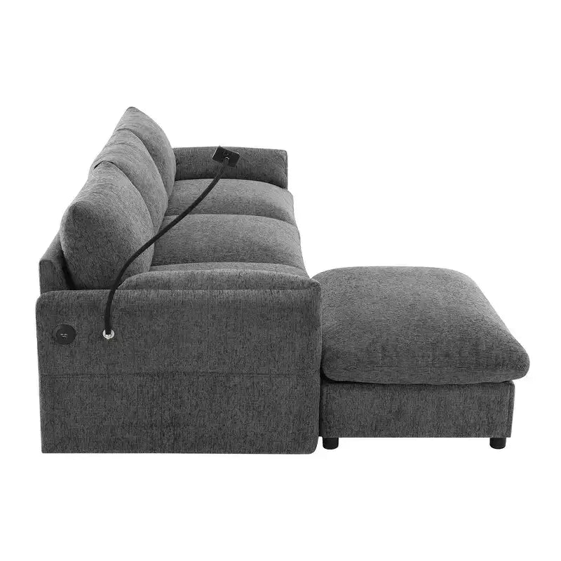 Whisen Oversized Chenille Sectional Sofa Couch with Storage Ottoman and Pockets, Adjustable Phone Holder and Charging Ports