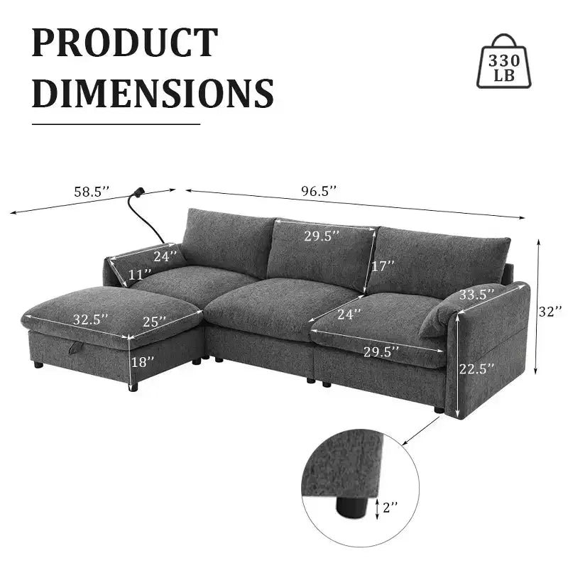 Whisen Oversized Chenille Sectional Sofa Couch with Storage Ottoman and Pockets, Adjustable Phone Holder and Charging Ports