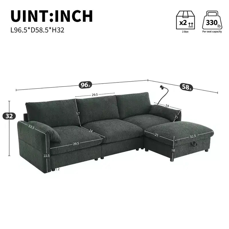 Whisen Oversized Chenille Sectional Sofa Couch with Storage Ottoman and Pockets, Adjustable Phone Holder and Charging Ports