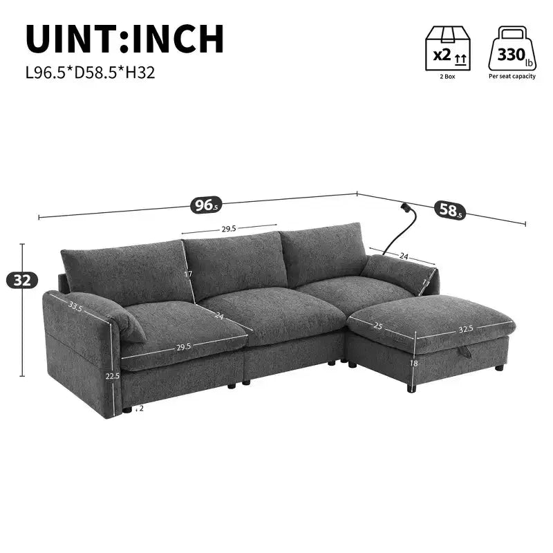 Whisen Oversized Chenille Sectional Sofa Couch with Storage Ottoman and Pockets, Adjustable Phone Holder and Charging Ports