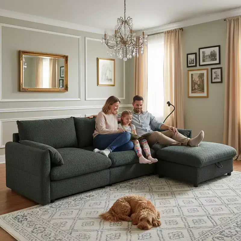 Whisen Oversized Chenille Sectional Sofa Couch with Storage Ottoman and Pockets, Adjustable Phone Holder and Charging Ports