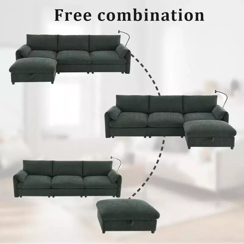 Whisen Oversized Chenille Sectional Sofa Couch with Storage Ottoman and Pockets, Adjustable Phone Holder and Charging Ports