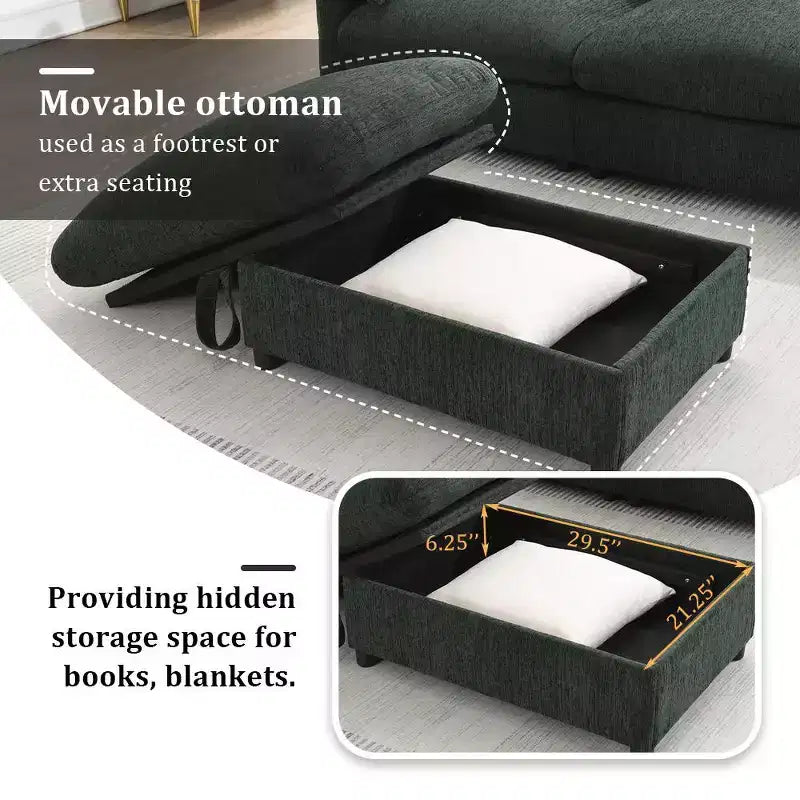 Whisen Oversized Chenille Sectional Sofa Couch with Storage Ottoman and Pockets, Adjustable Phone Holder and Charging Ports