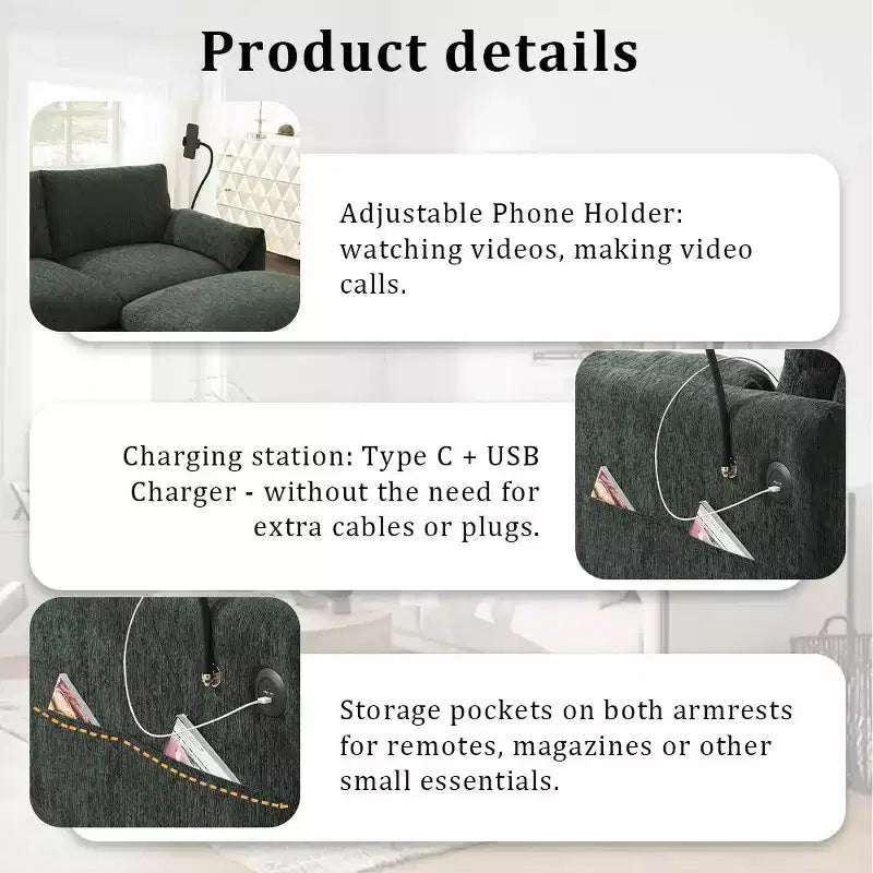 Whisen Oversized Chenille Sectional Sofa Couch with Storage Ottoman and Pockets, Adjustable Phone Holder and Charging Ports