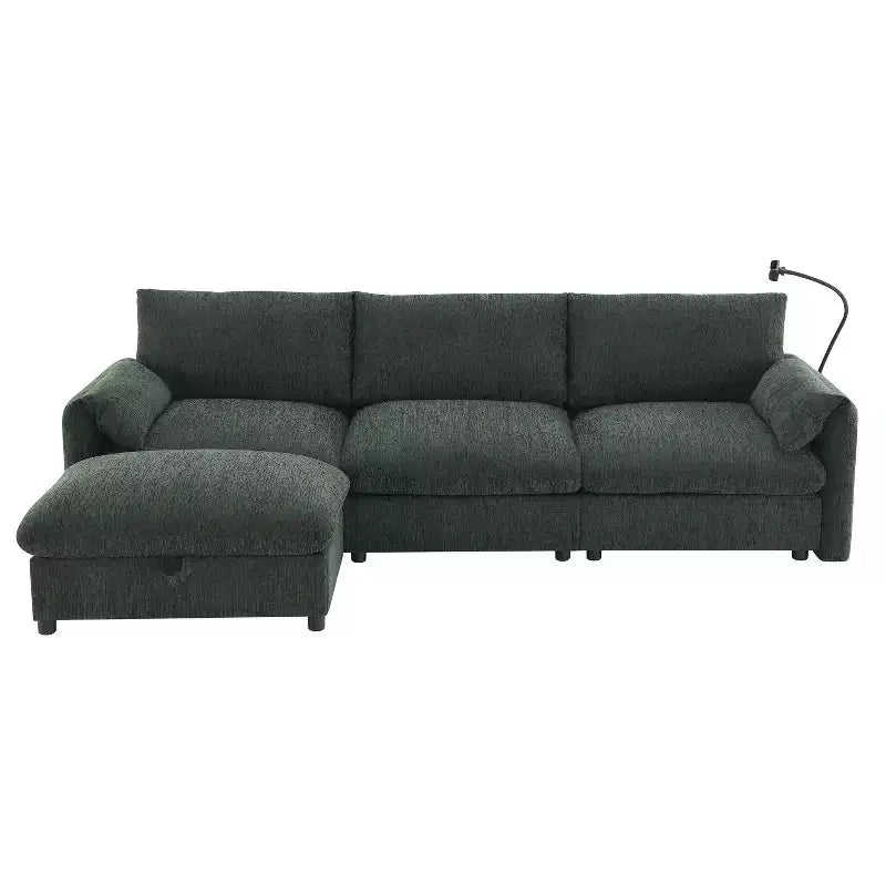 Whisen Oversized Chenille Sectional Sofa Couch with Storage Ottoman and Pockets, Adjustable Phone Holder and Charging Ports