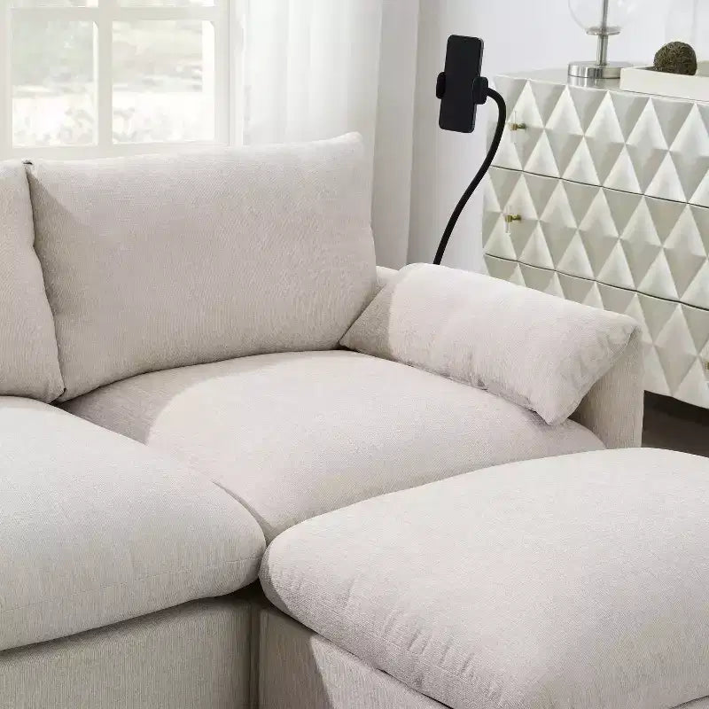 Whisen Oversized Chenille Sectional Sofa Couch with Storage Ottoman and Pockets, Adjustable Phone Holder and Charging Ports