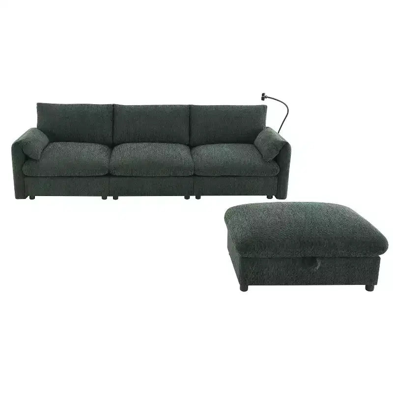 Whisen Oversized Chenille Sectional Sofa Couch with Storage Ottoman and Pockets, Adjustable Phone Holder and Charging Ports