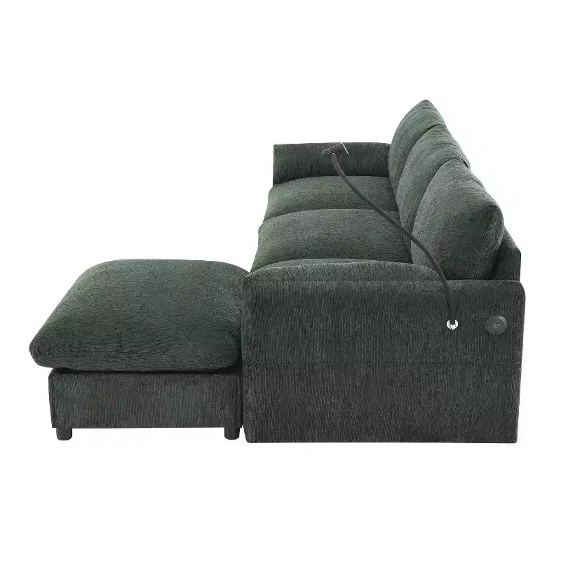 Whisen Oversized Chenille Sectional Sofa Couch with Storage Ottoman and Pockets, Adjustable Phone Holder and Charging Ports