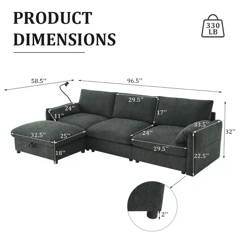 Whisen Oversized Chenille Sectional Sofa Couch with Storage Ottoman and Pockets, Adjustable Phone Holder and Charging Ports