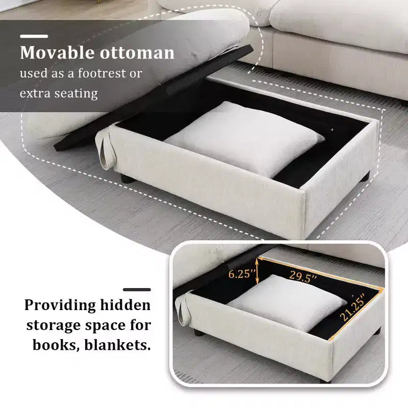 Whisen Oversized Chenille Sectional Sofa Couch with Storage Ottoman and Pockets, Adjustable Phone Holder and Charging Ports