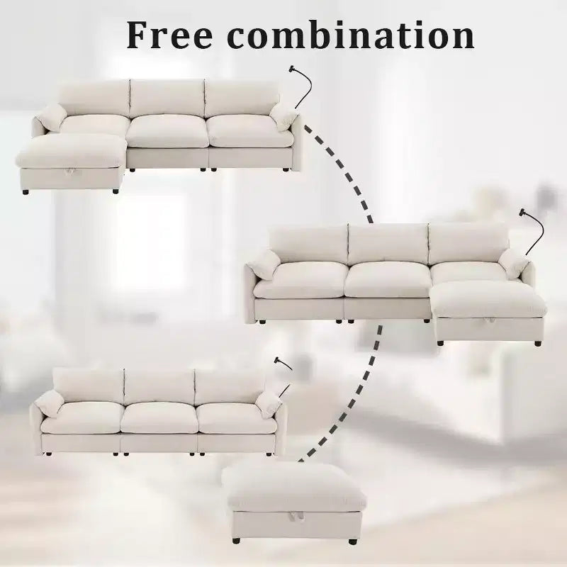 Whisen Oversized Chenille Sectional Sofa Couch with Storage Ottoman and Pockets, Adjustable Phone Holder and Charging Ports