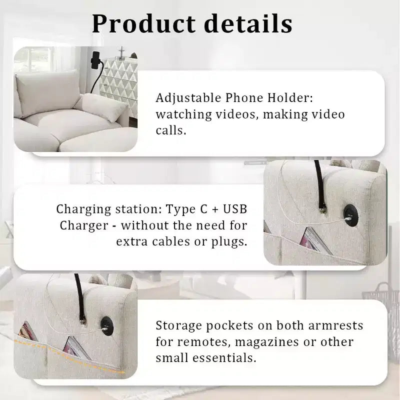 Whisen Oversized Chenille Sectional Sofa Couch with Storage Ottoman and Pockets, Adjustable Phone Holder and Charging Ports