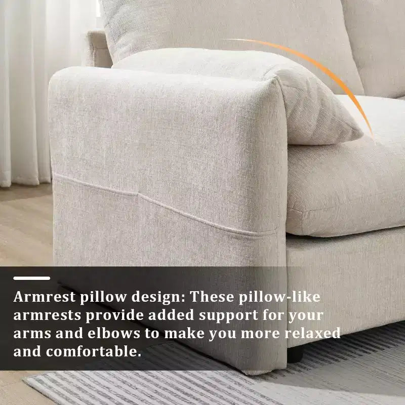 Whisen Oversized Chenille Sectional Sofa Couch with Storage Ottoman and Pockets, Adjustable Phone Holder and Charging Ports