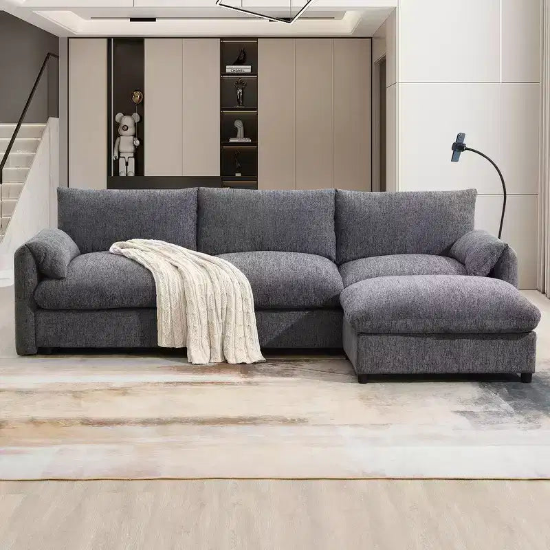 Whisen Oversized Chenille Sectional Sofa Couch with Storage Ottoman and Pockets, Adjustable Phone Holder and Charging Ports