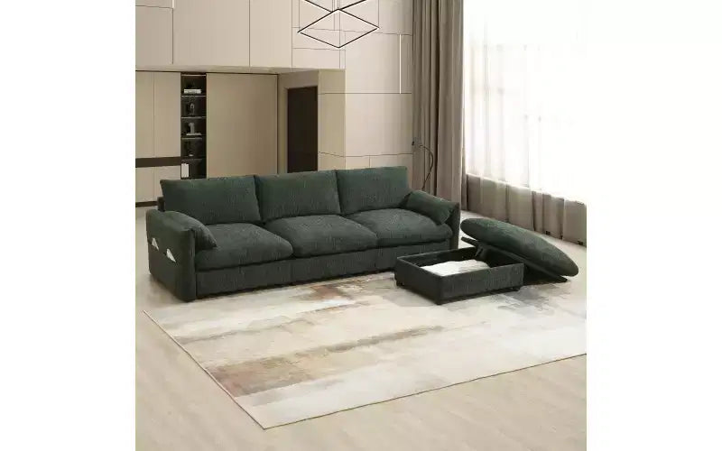 Whisen Oversized Chenille Sectional Sofa Couch with Storage Ottoman and Pockets, Adjustable Phone Holder and Charging Ports