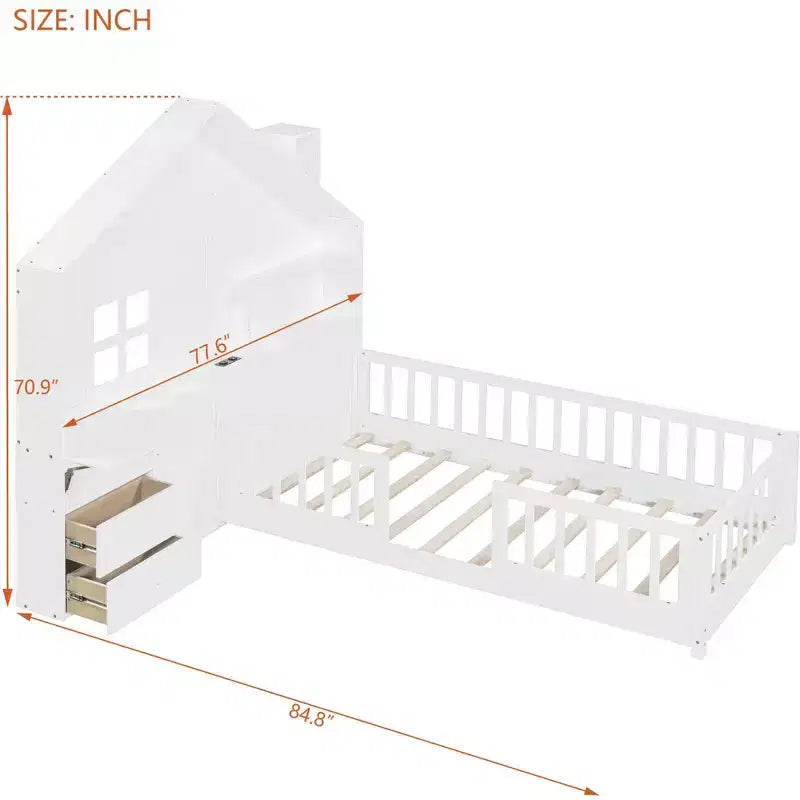 Twin/Full Size House Bed with Window Platform Bed Frame with Bedside Drawers, Shelves, a set of Sockets and USB Port, White-ModernLuxe