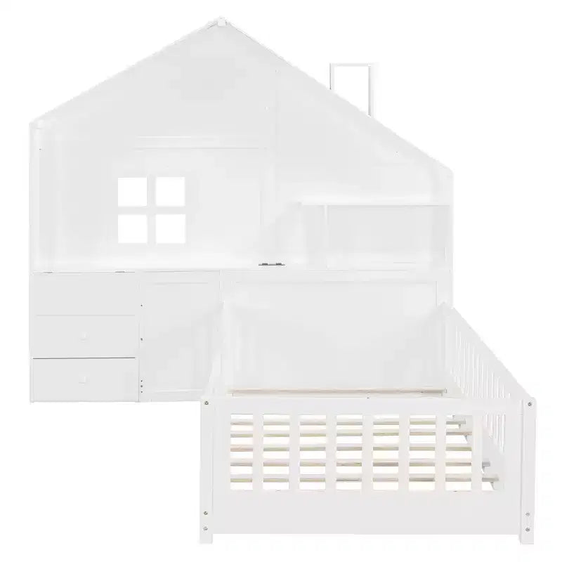 Twin/Full Size House Bed with Window Platform Bed Frame with Bedside Drawers, Shelves, a set of Sockets and USB Port, White-ModernLuxe