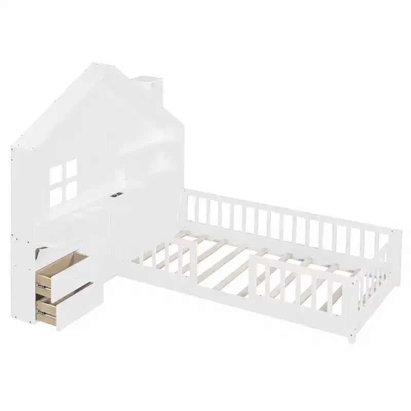 Twin/Full Size House Bed with Window Platform Bed Frame with Bedside Drawers, Shelves, a set of Sockets and USB Port, White-ModernLuxe