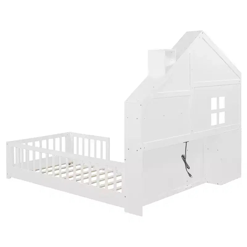 Twin/Full Size House Bed with Window Platform Bed Frame with Bedside Drawers, Shelves, a set of Sockets and USB Port, White-ModernLuxe