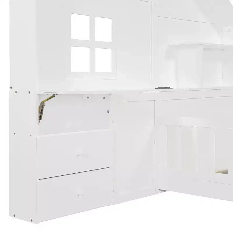 Twin/Full Size House Bed with Window Platform Bed Frame with Bedside Drawers, Shelves, a set of Sockets and USB Port, White-ModernLuxe