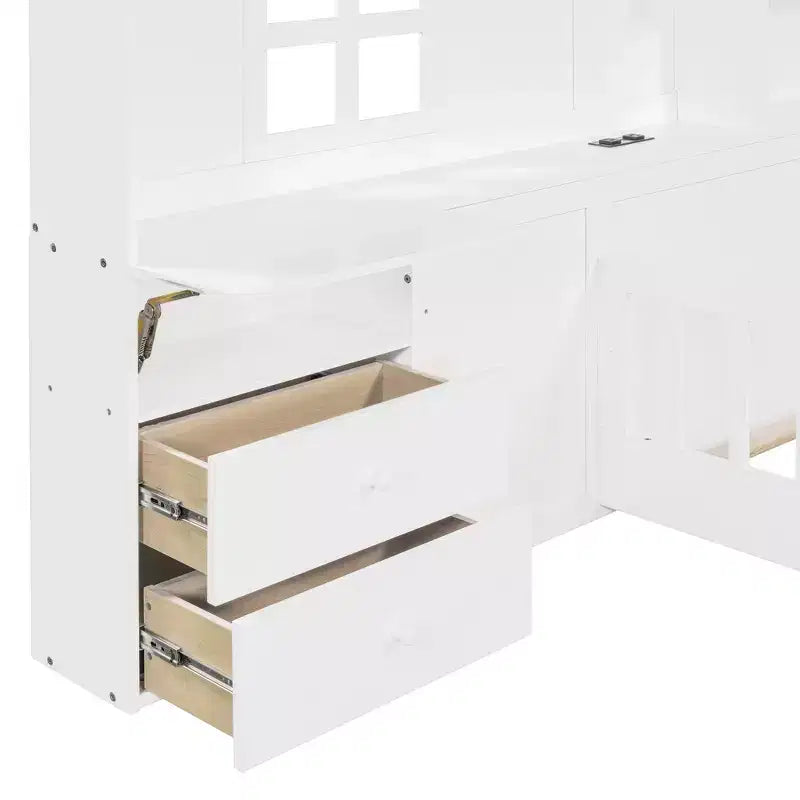 Twin/Full Size House Bed with Window Platform Bed Frame with Bedside Drawers, Shelves, a set of Sockets and USB Port, White-ModernLuxe