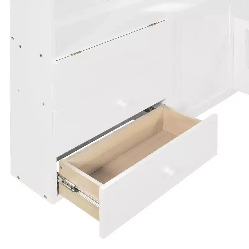 Twin/Full Size House Bed with Window Platform Bed Frame with Bedside Drawers, Shelves, a set of Sockets and USB Port, White-ModernLuxe