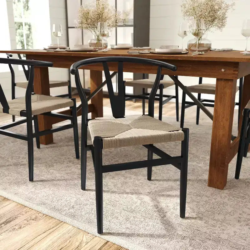 Merrick Lane Stack Dining Chair with Y-Back Style Design, Solid Wood Frame, Woven Kraft Paper Rope Seat