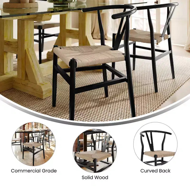 Merrick Lane Stack Dining Chair with Y-Back Style Design, Solid Wood Frame, Woven Kraft Paper Rope Seat