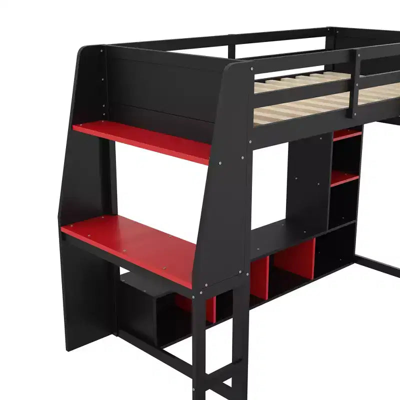 Twin/Full Size Gaming Loft Bed with Desk, LED Lights, Multi-Storage Shelves & Hanging Clothes Rack, Space-Saving Wooden Bed Frame - ModernLuxe