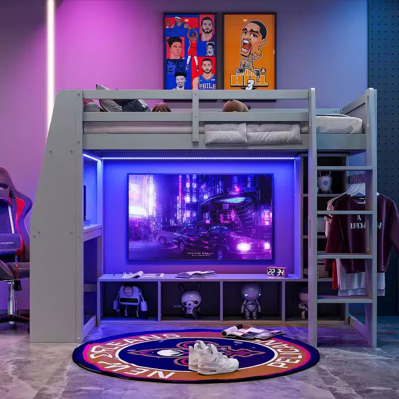 Twin/Full Size Gaming Loft Bed with Desk, LED Lights, Multi-Storage Shelves & Hanging Clothes Rack, Space-Saving Wooden Bed Frame - ModernLuxe