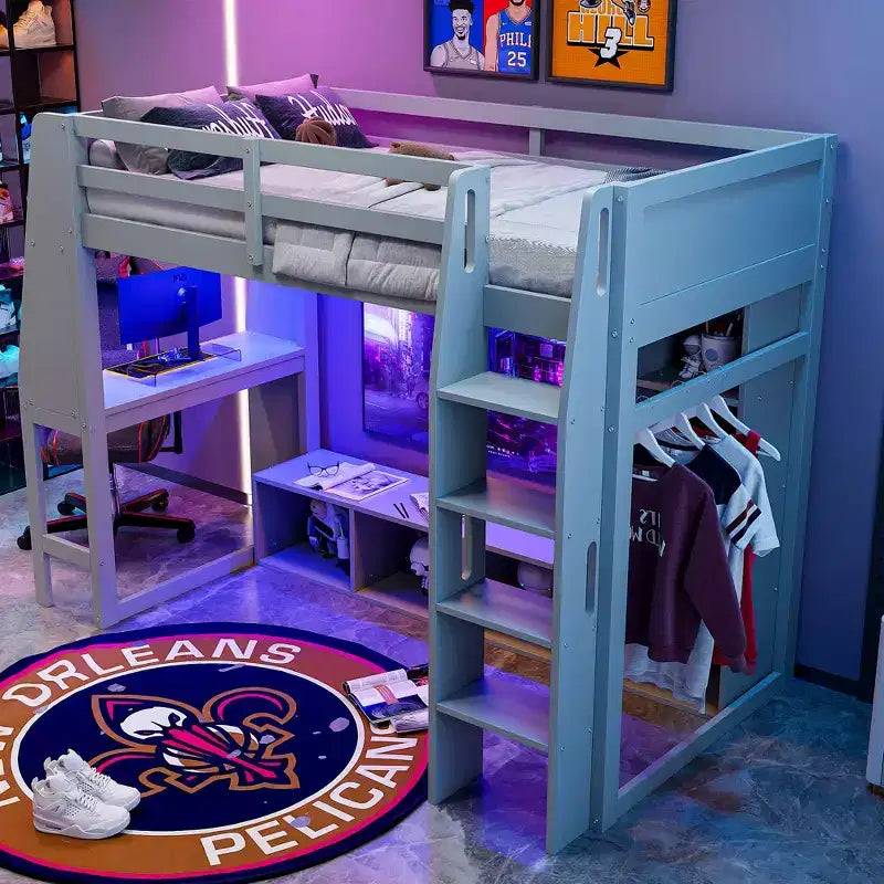 Twin/Full Size Gaming Loft Bed with Desk, LED Lights, Multi-Storage Shelves & Hanging Clothes Rack, Space-Saving Wooden Bed Frame - ModernLuxe