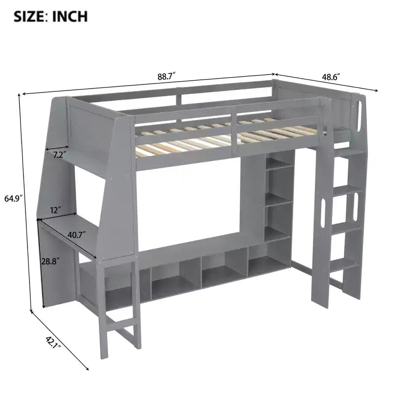 Twin/Full Size Gaming Loft Bed with Desk, LED Lights, Multi-Storage Shelves & Hanging Clothes Rack, Space-Saving Wooden Bed Frame - ModernLuxe