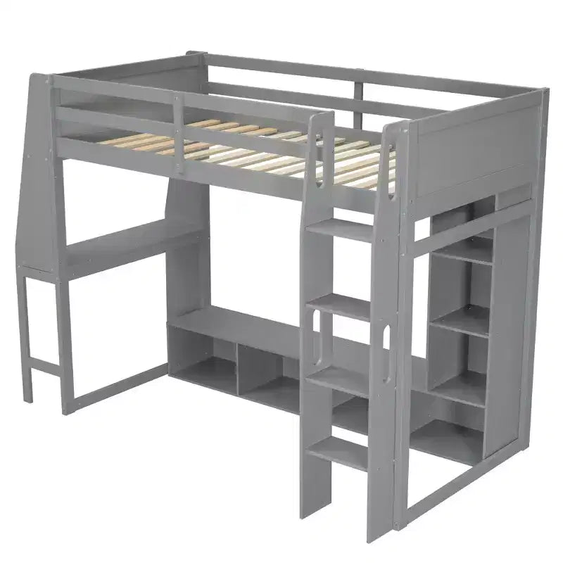 Twin/Full Size Gaming Loft Bed with Desk, LED Lights, Multi-Storage Shelves & Hanging Clothes Rack, Space-Saving Wooden Bed Frame - ModernLuxe
