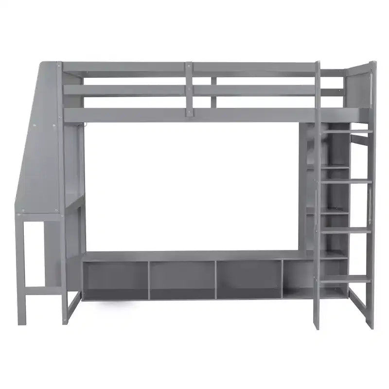 Twin/Full Size Gaming Loft Bed with Desk, LED Lights, Multi-Storage Shelves & Hanging Clothes Rack, Space-Saving Wooden Bed Frame - ModernLuxe
