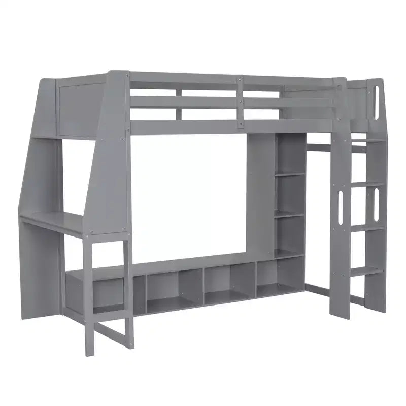 Twin/Full Size Gaming Loft Bed with Desk, LED Lights, Multi-Storage Shelves & Hanging Clothes Rack, Space-Saving Wooden Bed Frame - ModernLuxe