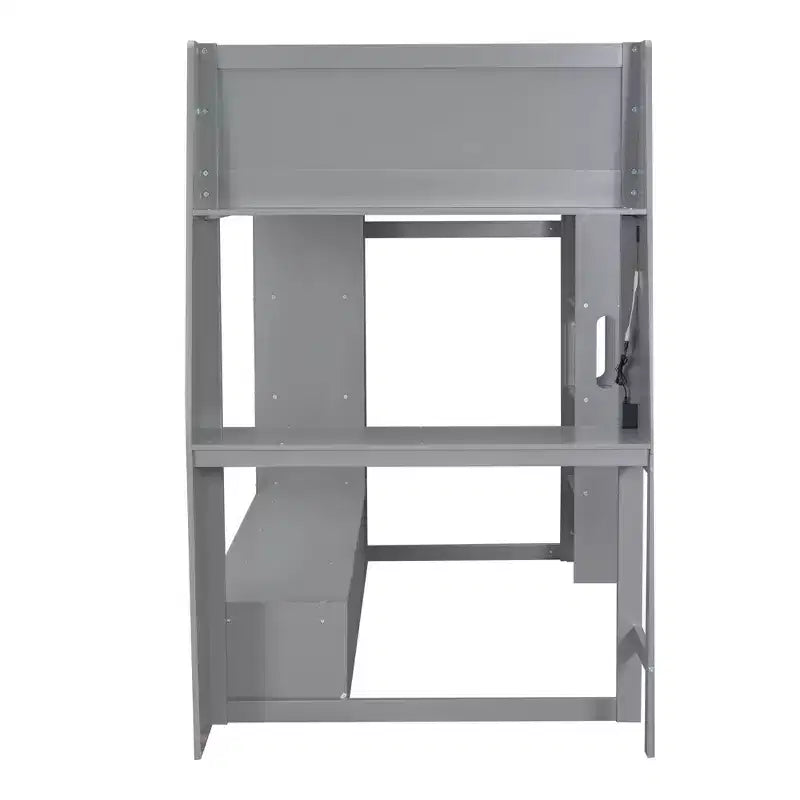 Twin/Full Size Gaming Loft Bed with Desk, LED Lights, Multi-Storage Shelves & Hanging Clothes Rack, Space-Saving Wooden Bed Frame - ModernLuxe
