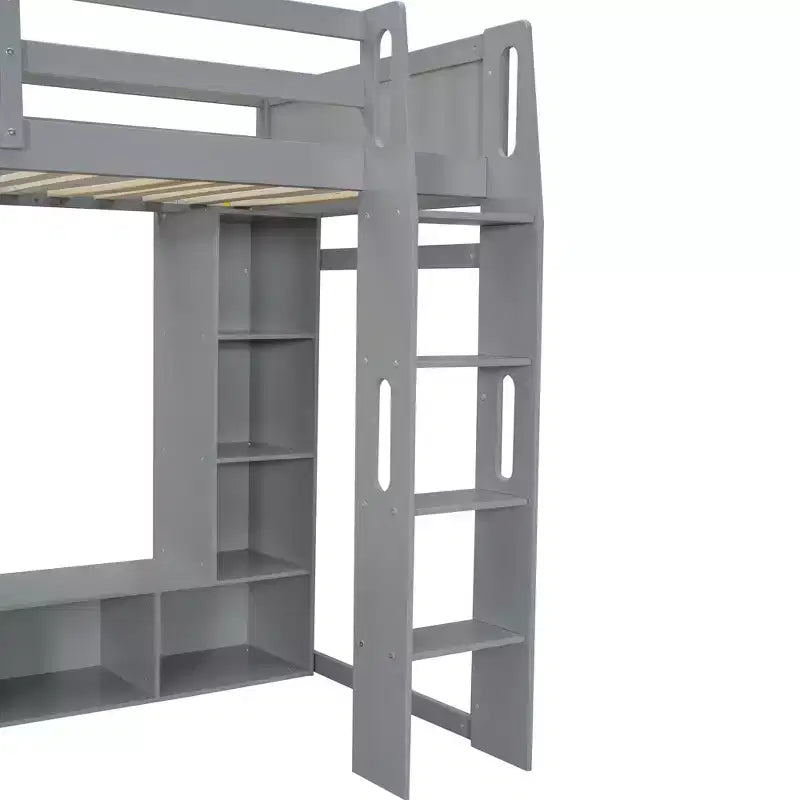 Twin/Full Size Gaming Loft Bed with Desk, LED Lights, Multi-Storage Shelves & Hanging Clothes Rack, Space-Saving Wooden Bed Frame - ModernLuxe